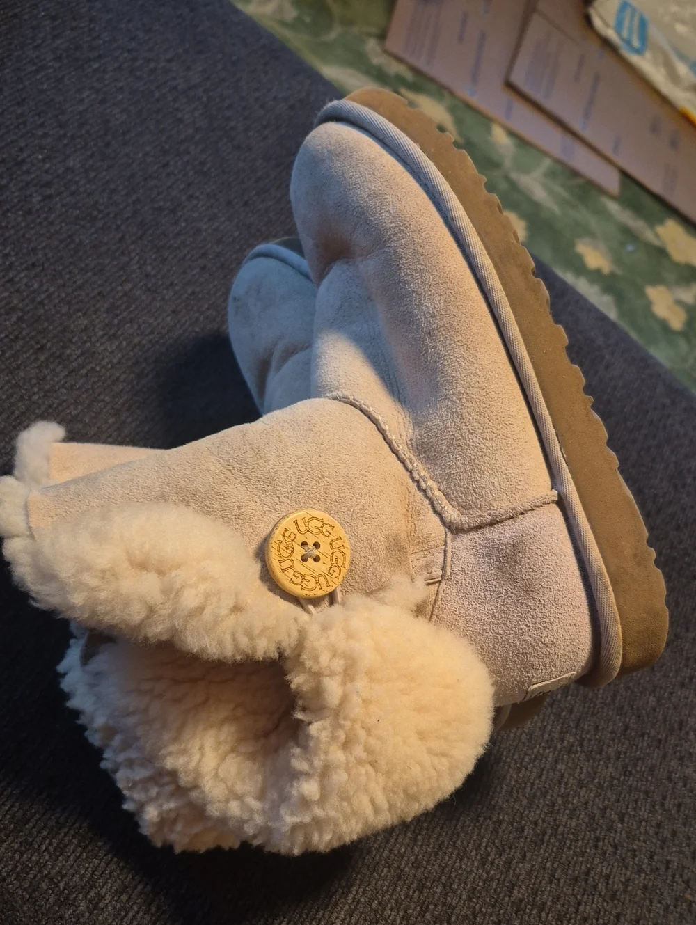 UGG Kids Cream Suede Button Shearling Boot